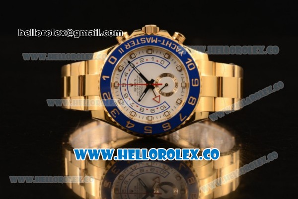 Rolex Yacht-Master II Chronograph Swiss Valjoux 7750 Automatic Yellow Gold Case with White Dial and Dots Markers Blue Bezel (JF) - Click Image to Close